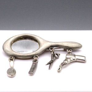 Vintage JJ Hair Stylist Charm Brooch, Silver Tone Vanity Mirror with Hairbrush